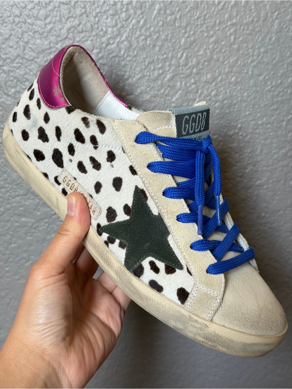 Golden Goose Women's Dalmatian Print Sneakers with Blue Laces and Pink Heel